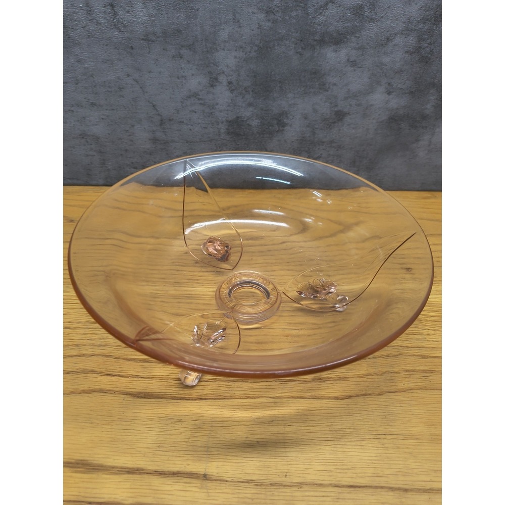 Vtg Pink Depression Glass 3 Footed Leaf Pattern Bowl